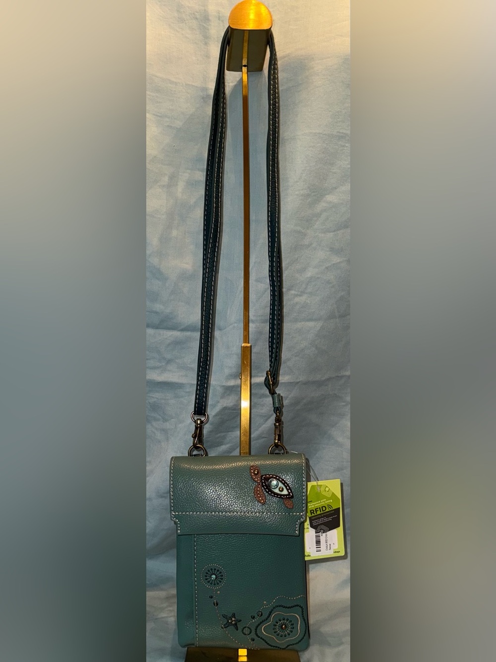 Chala RFID Teal Green Crossbody Bag with sea turtle appliqué NWT